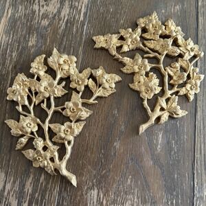 VTG 70s Gold Brass Tone Burwood Cherry Blossom/Dogwood Flower Branch Wall Decor